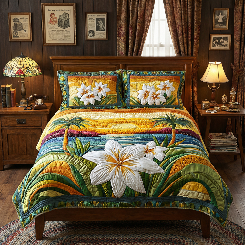 Tropical Frangipani Sunset 3-Piece Quilted Bedding Set