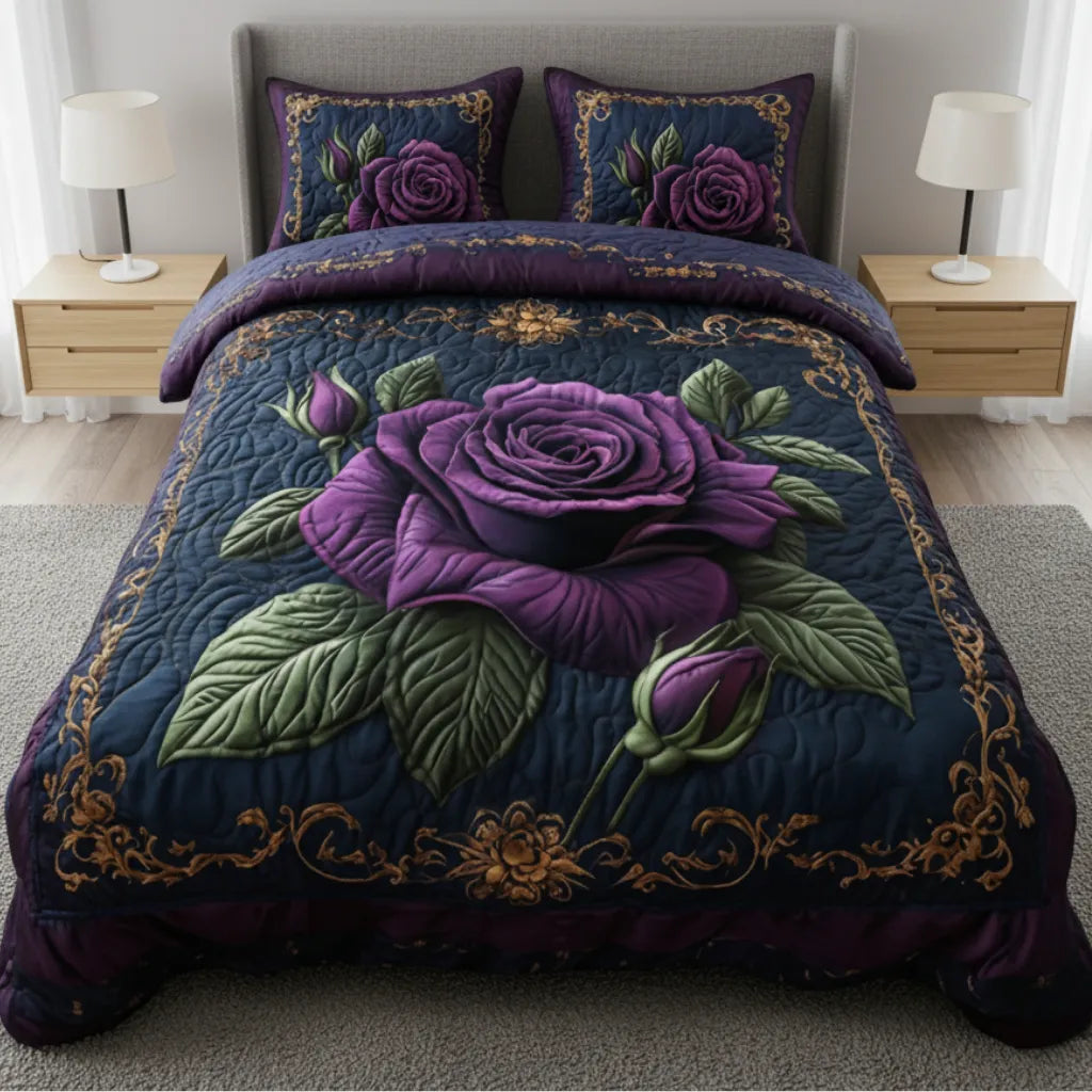 Regal Velvet Rose 3-Piece Quilted Bedding Set