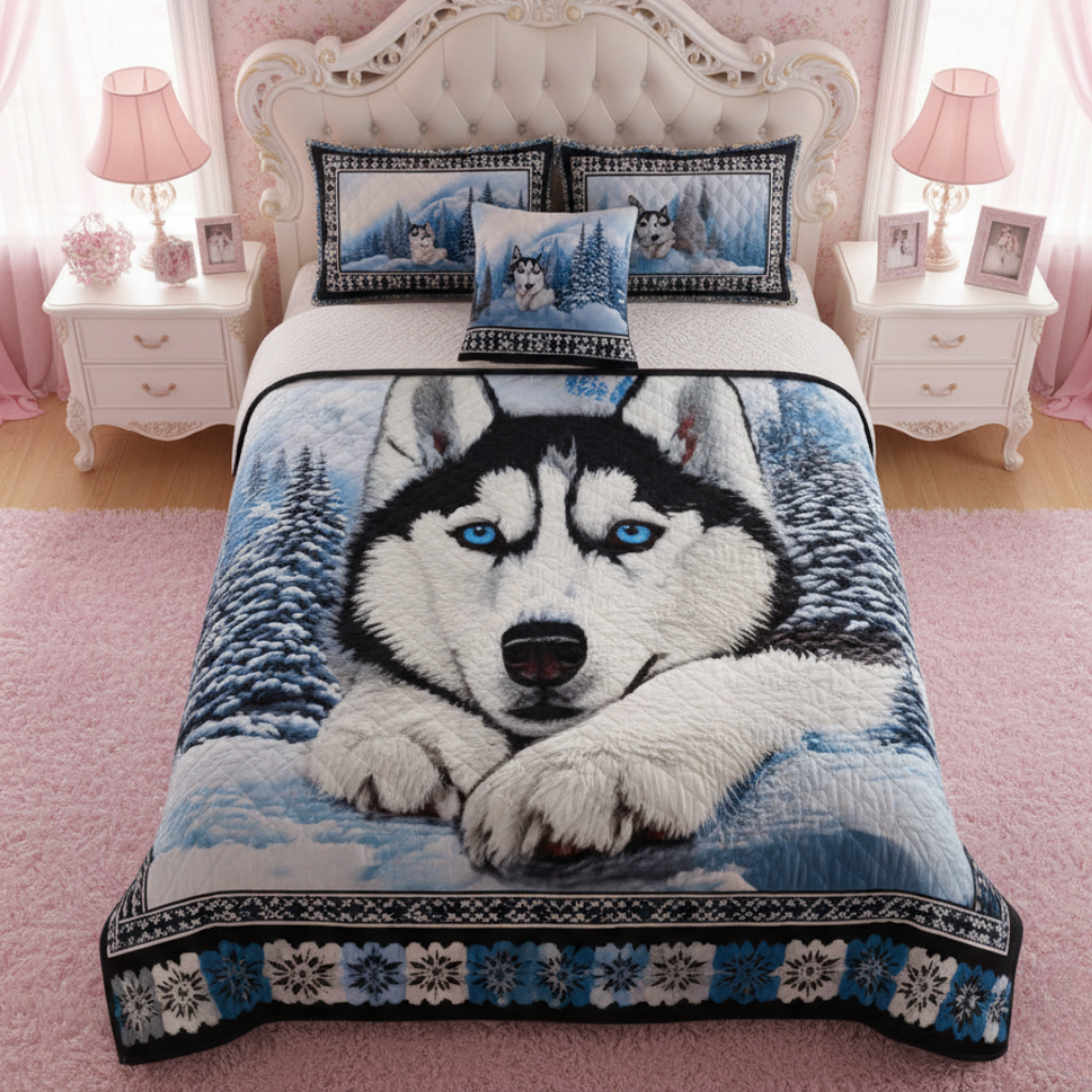 Blue-Eyed Husky Winter 3-Piece Quilted Bedding Set