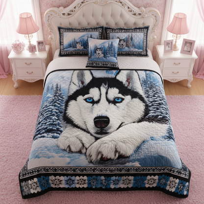 Blue-Eyed Husky Winter 3-Piece Quilted Bedding Set
