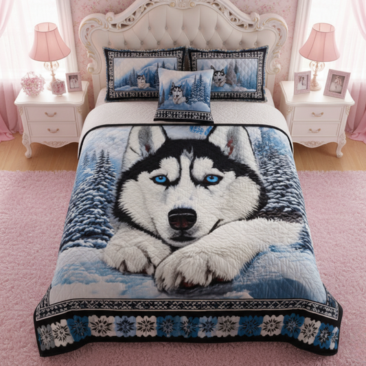 Blue-Eyed Husky Winter 3-Piece Quilted Bedding Set