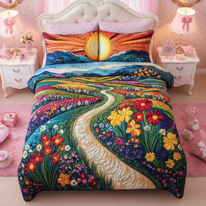Colorful Flower Meadow Path 3-Piece Quilted Bedding Set