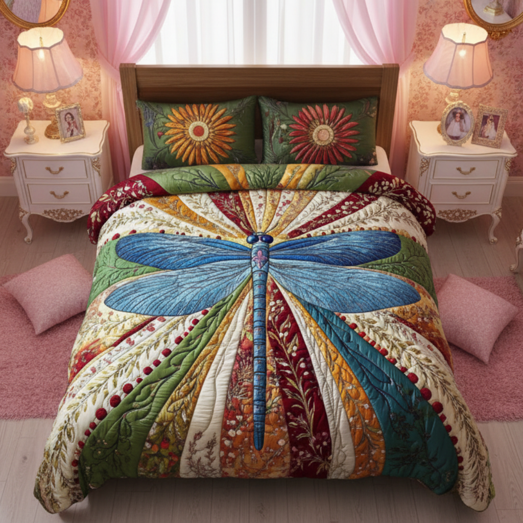 Vintage Dragonfly Garden 3-Piece Quilted Bedding Set