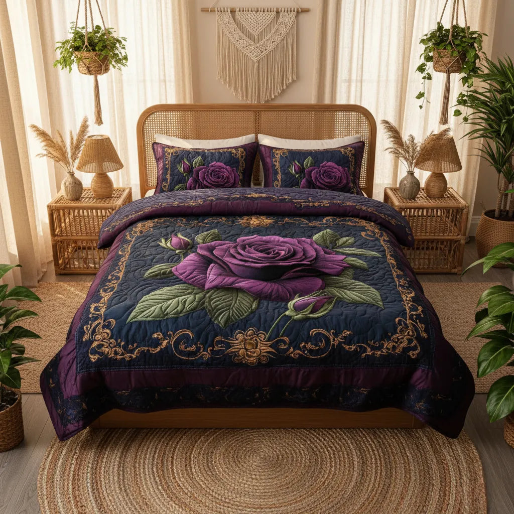 Regal Velvet Rose 3-Piece Quilted Bedding Set