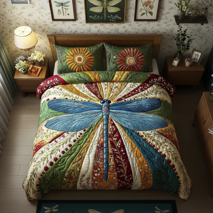 Vintage Dragonfly Garden 3-Piece Quilted Bedding Set