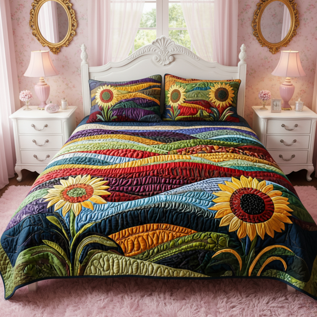 Bright Sunflower Meadow 3-Piece Quilted Bedding Set
