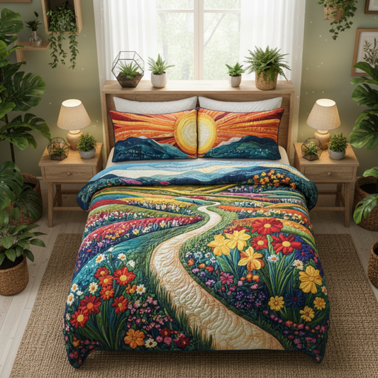 Colorful Flower Meadow Path 3-Piece Quilted Bedding Set