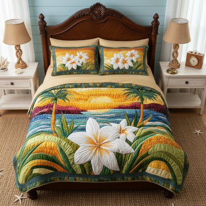Tropical Frangipani Sunset 3-Piece Quilted Bedding Set