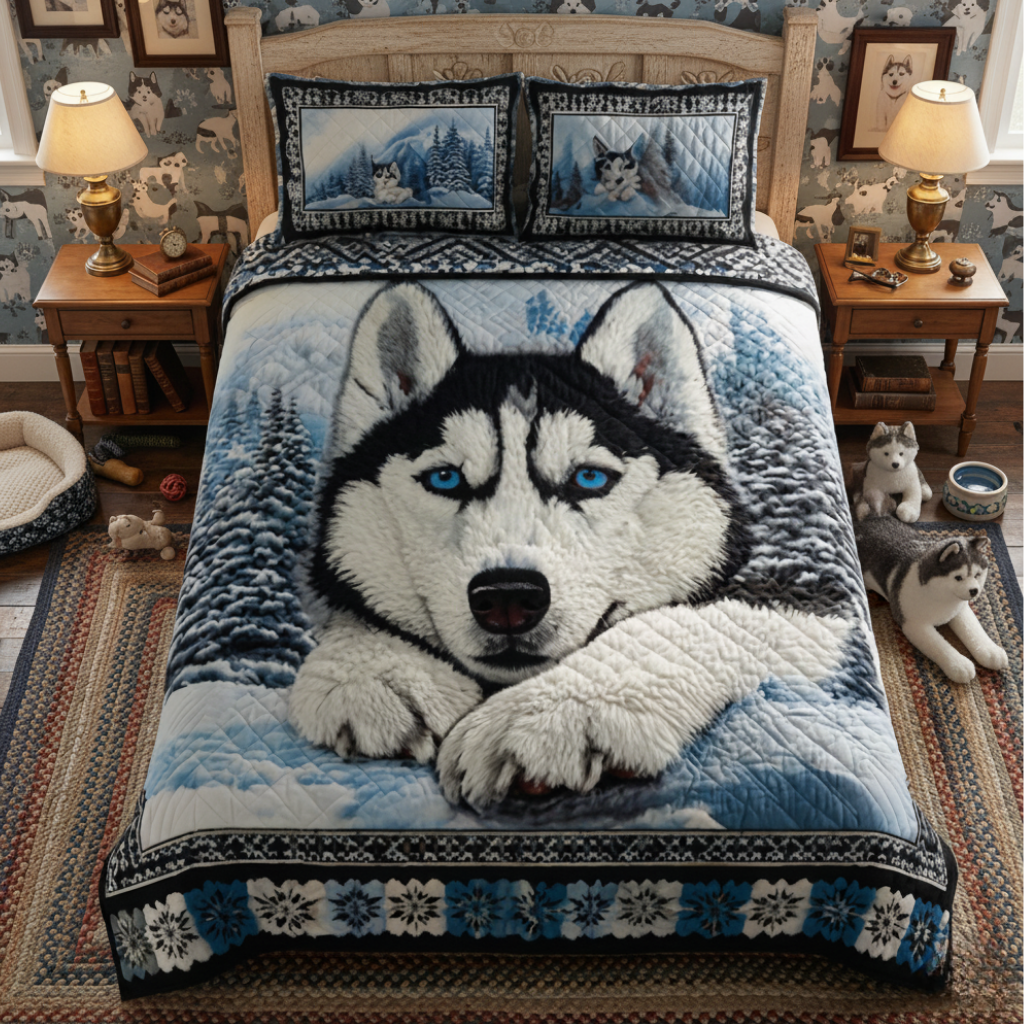 Blue-Eyed Husky Winter 3-Piece Quilted Bedding Set