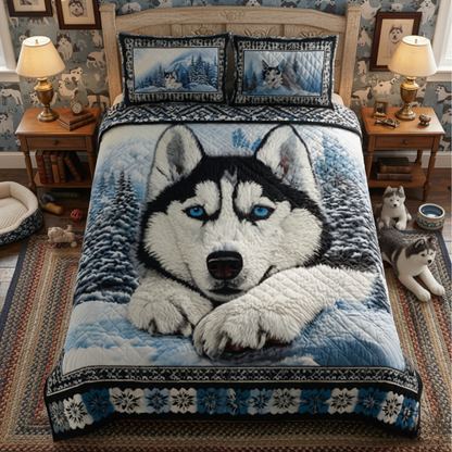 Blue-Eyed Husky Winter 3-Piece Quilted Bedding Set