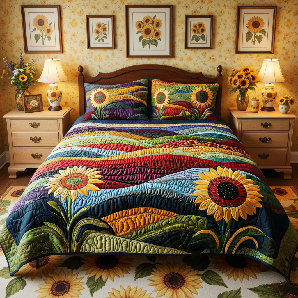 Bright Sunflower Meadow 3-Piece Quilted Bedding Set