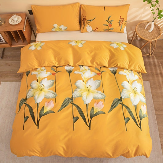 Yellow Lily Floral 3-Piece Duvet Cover Set