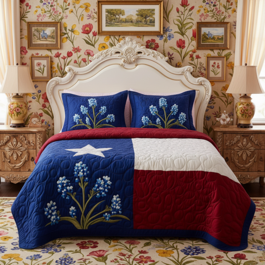 Texas Bluebonnet Flag 3-Piece Quilted Bedding Set