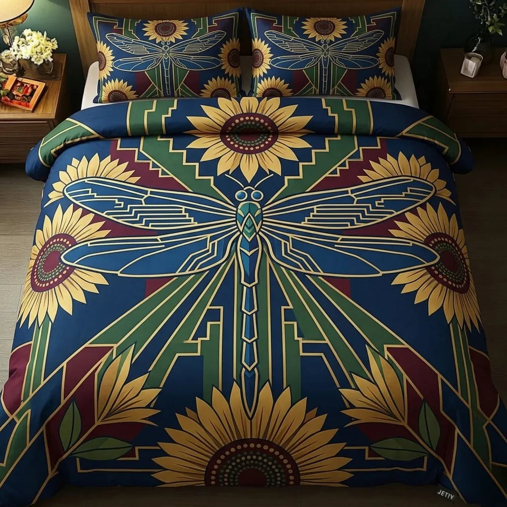 Navy Blue Sunflower Dragonfly 3-Piece Duvet Cover Set