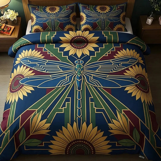 Navy Blue Sunflower Dragonfly 3-Piece Duvet Cover Set