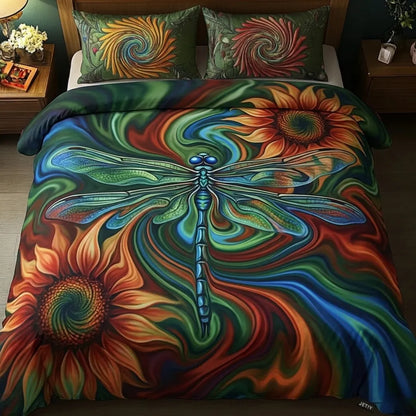 Psychedelic Dragonfly Sunflower 3-Piece Duvet Cover Set