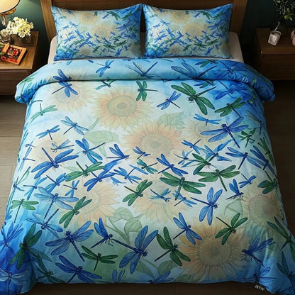 Blue Dragonfly Sunflower 3-Piece Duvet Cover Set
