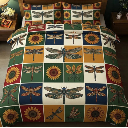 Dragonfly Sunflower Checkered 3-Piece Duvet Cover Set