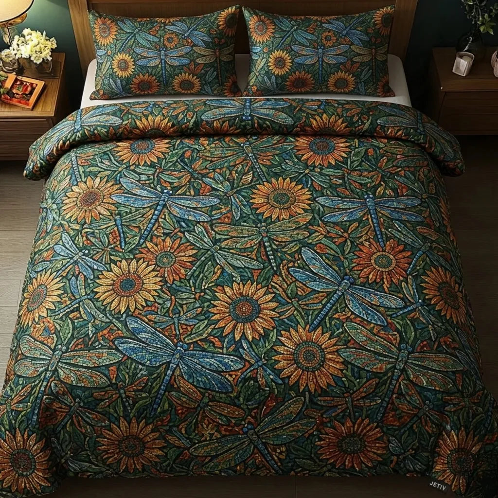 Dragonfly Sunflower Floral 3-Piece Duvet Cover Set