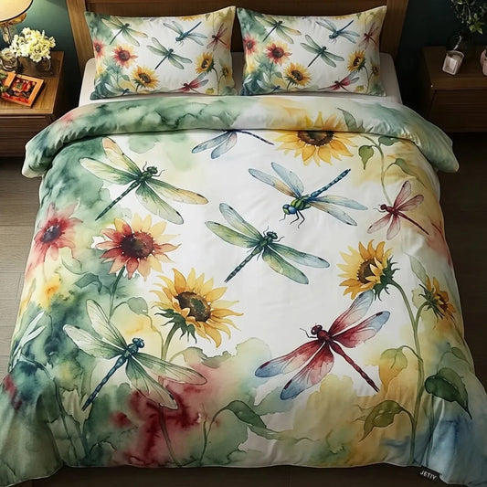 Watercolor Sunflower Dragonfly 3-Piece Duvet Cover Set