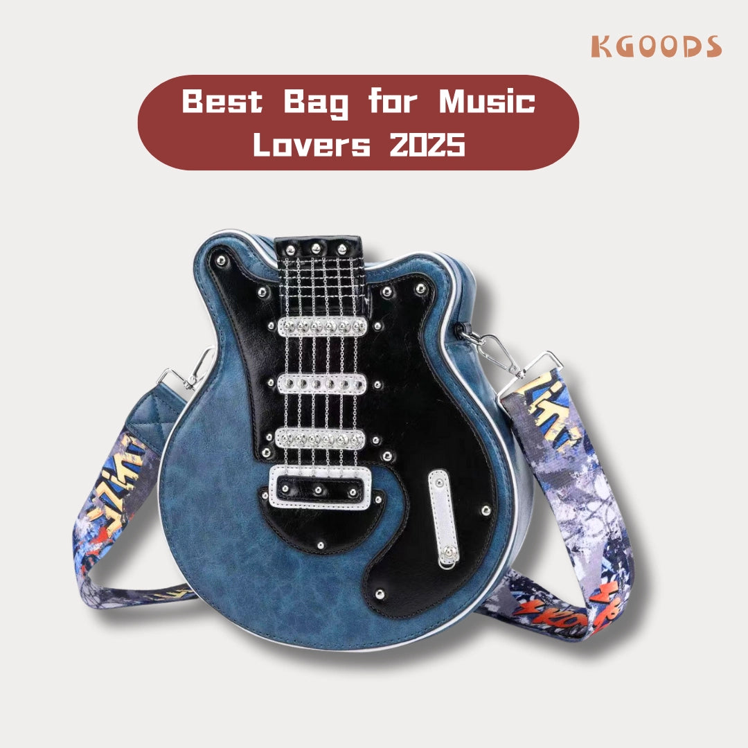 Side view of punk-inspired guitar-shaped crossbody bag