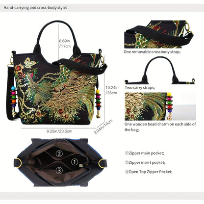 Phoenix Embroidered Canvas Satchel