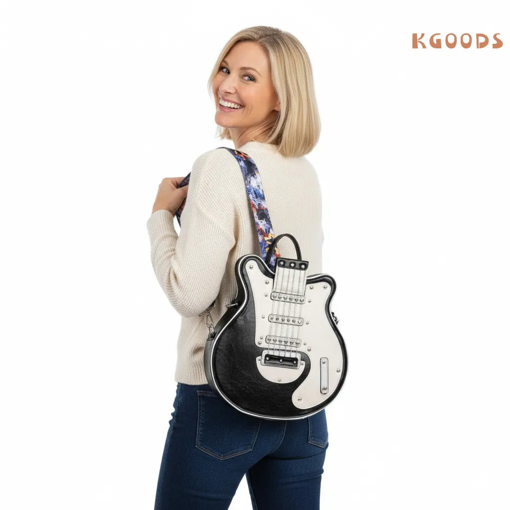 StrumMuse guitar purse on white background for product showcase