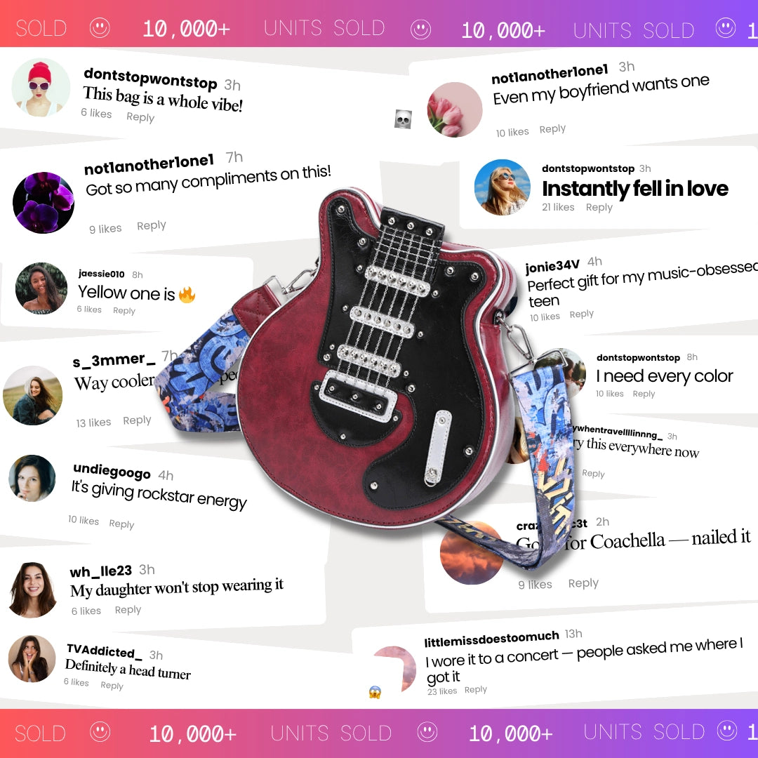 Angled shot showing unique electric guitar purse design