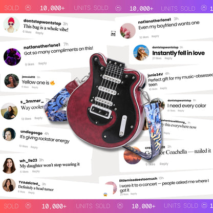 Angled shot showing unique electric guitar purse design