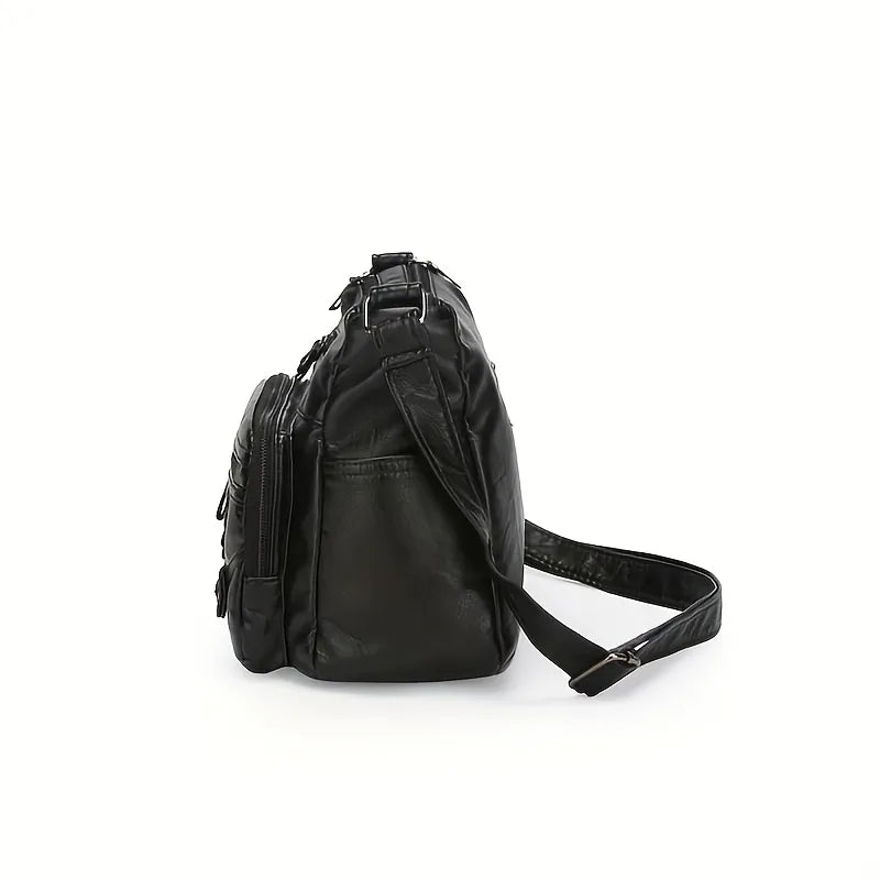 Vintage Vegan Leather Multi-Pocket Crossbody Bag with Heart Accent