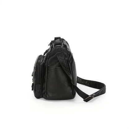 Vintage Vegan Leather Multi-Pocket Crossbody Bag with Heart Accent