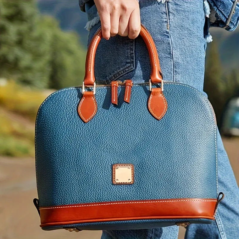 Structured Lychee Pattern Vegan Leather Handbag with Contrast Trim