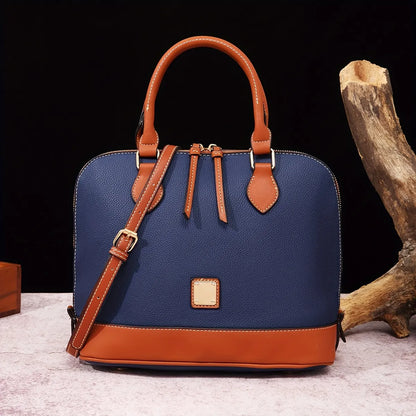Structured Lychee Pattern Vegan Leather Handbag with Contrast Trim