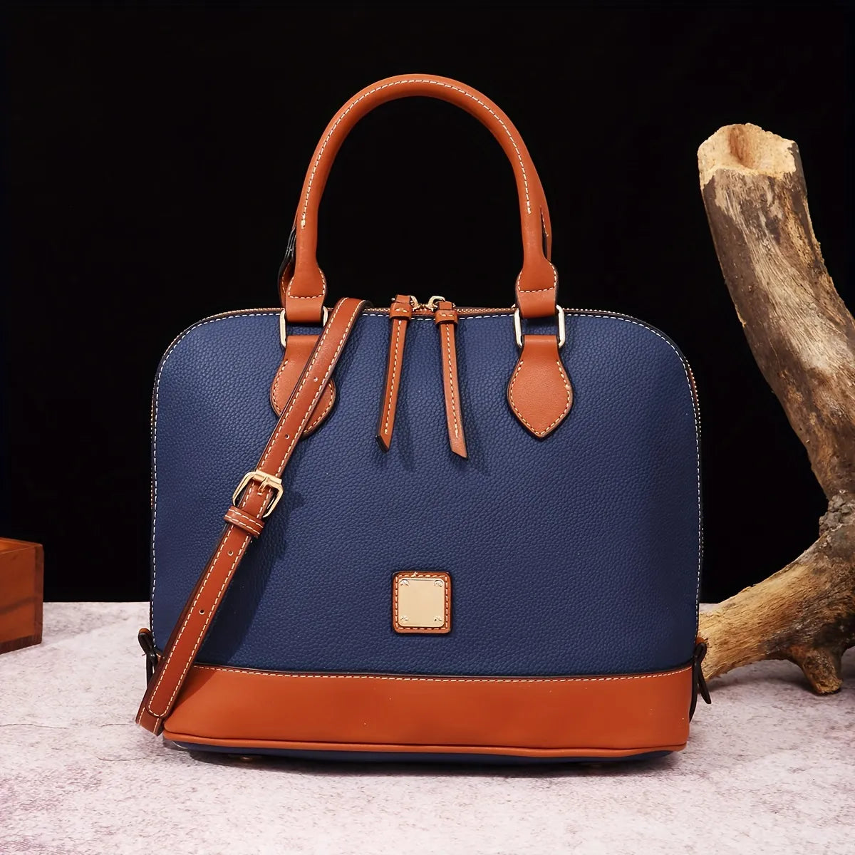 Structured Lychee Pattern Vegan Leather Handbag with Contrast Trim