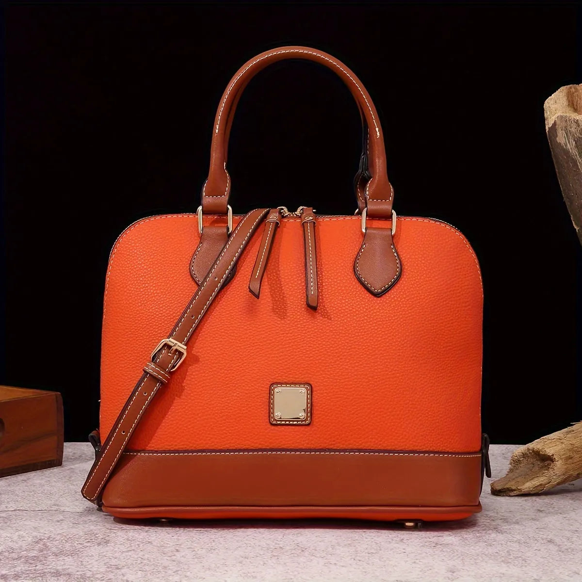 Structured Lychee Pattern Vegan Leather Handbag with Contrast Trim
