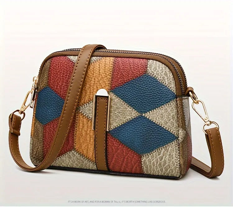 Geometric Patchwork Vegan Leather Mini Crossbody Bag