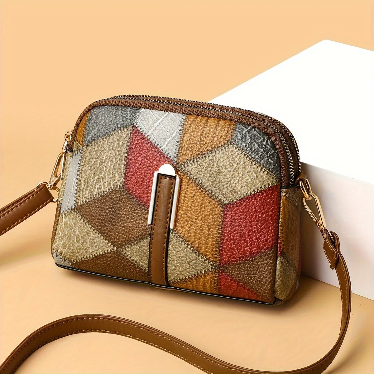 Geometric Patchwork Vegan Leather Mini Crossbody Bag