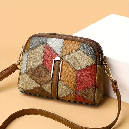 Geometric Patchwork Vegan Leather Mini Crossbody Bag