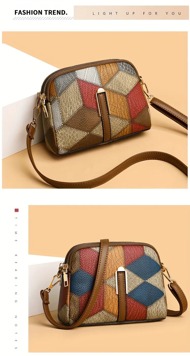 Geometric Patchwork Vegan Leather Mini Crossbody Bag