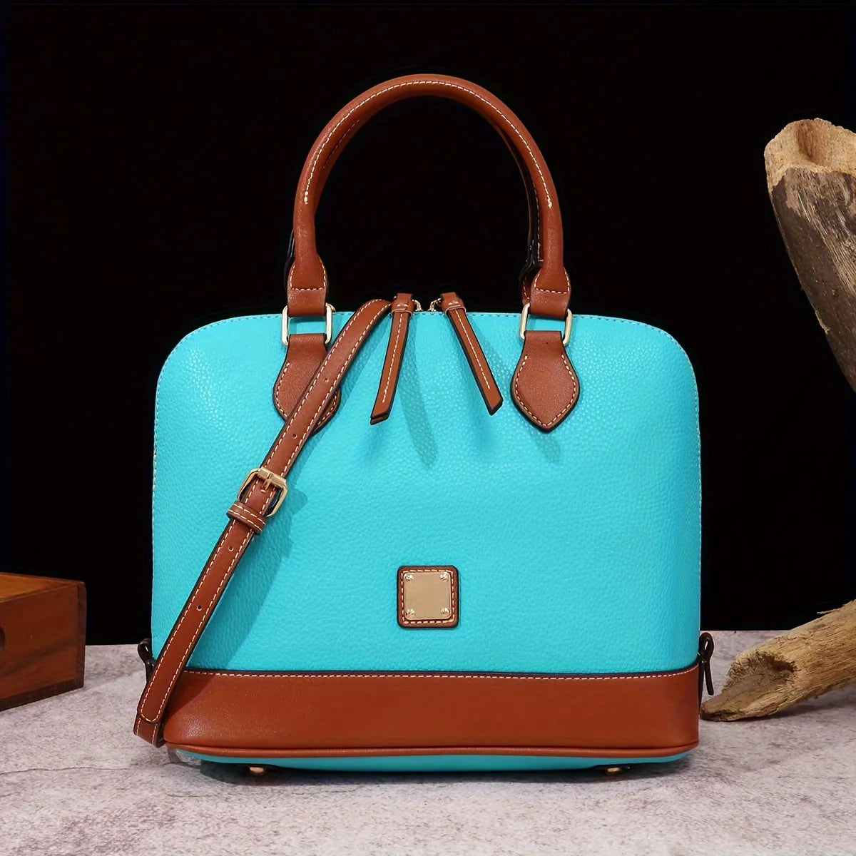 Structured Lychee Pattern Vegan Leather Handbag with Contrast Trim