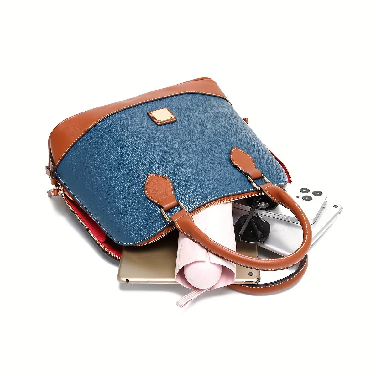 Structured Lychee Pattern Vegan Leather Handbag with Contrast Trim