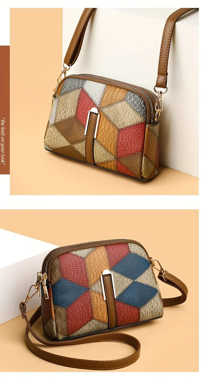 Geometric Patchwork Vegan Leather Mini Crossbody Bag