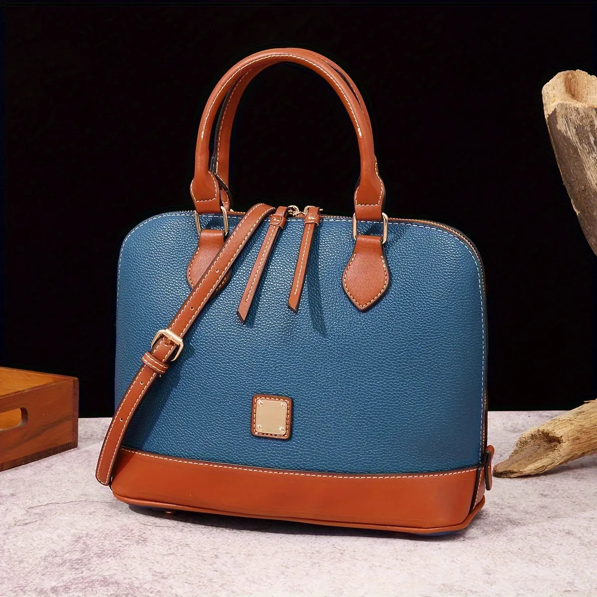 Structured Lychee Pattern Vegan Leather Handbag with Contrast Trim