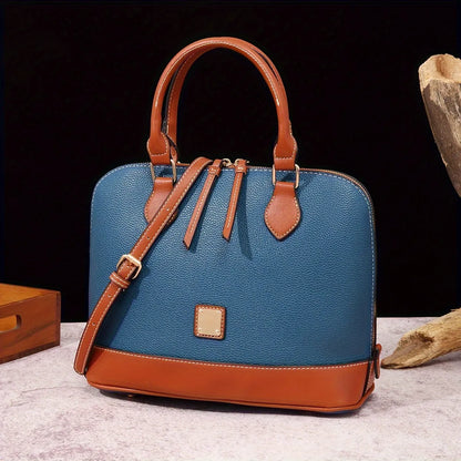 Structured Lychee Pattern Vegan Leather Handbag with Contrast Trim