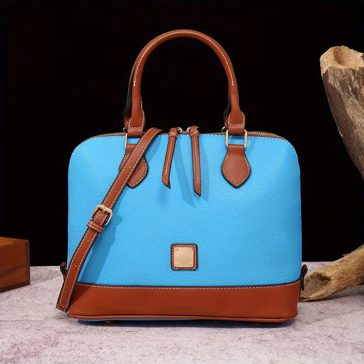 Structured Lychee Pattern Vegan Leather Handbag with Contrast Trim