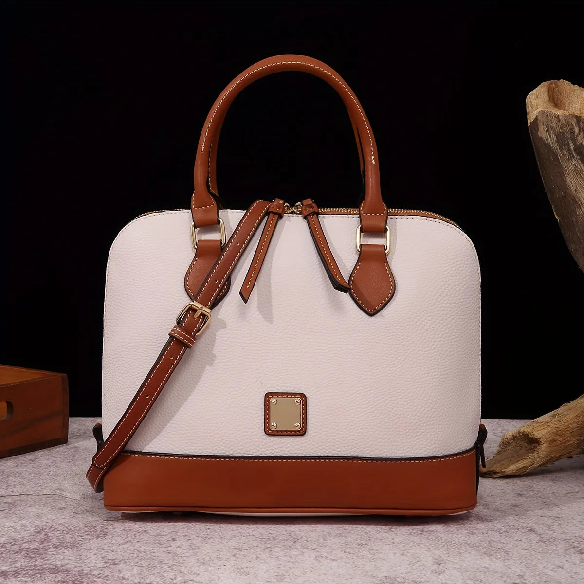 Structured Lychee Pattern Vegan Leather Handbag with Contrast Trim