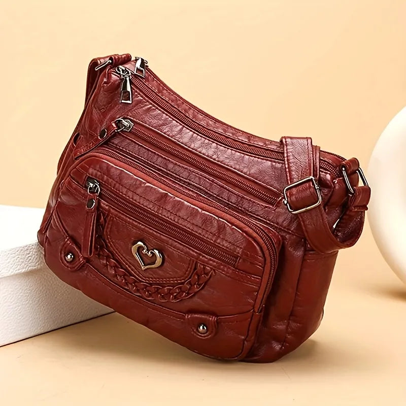 Vintage Vegan Leather Multi-Pocket Crossbody Bag with Heart Accent