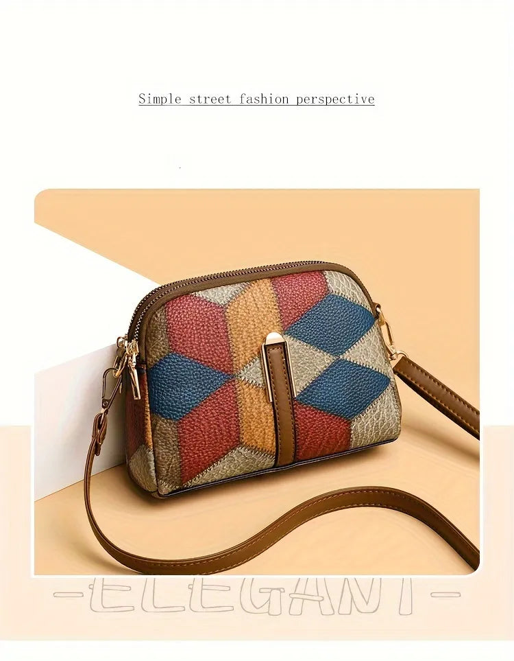 Geometric Patchwork Vegan Leather Mini Crossbody Bag