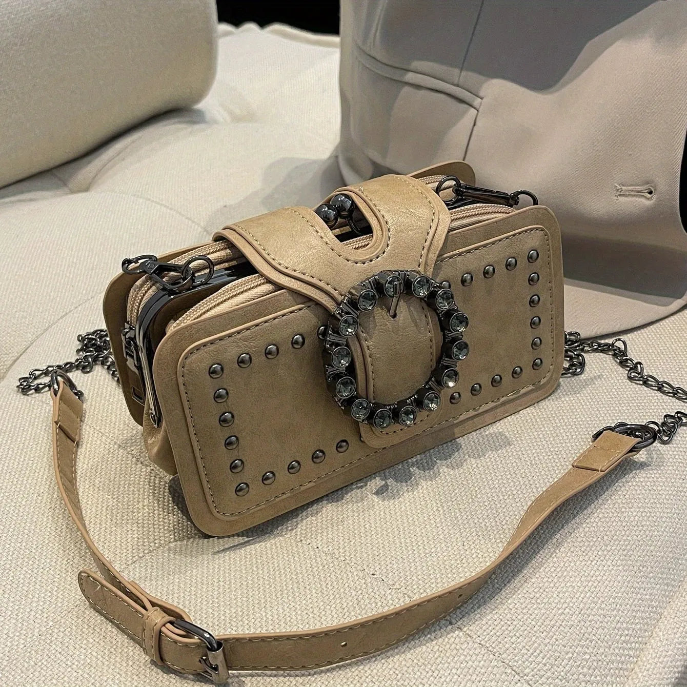 Vintage Studded Vegan Leather Crossbody Clutch with Crystal Buckle