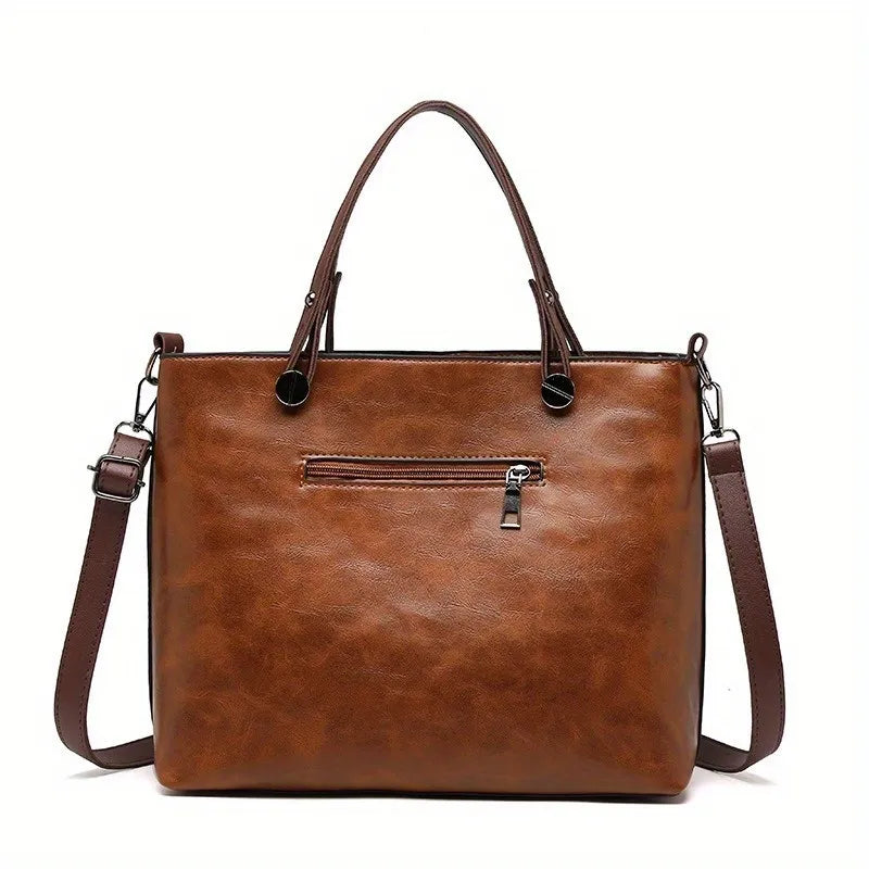 Vintage Vegan Leather Large Capacity Tote Bag with Utility Pockets